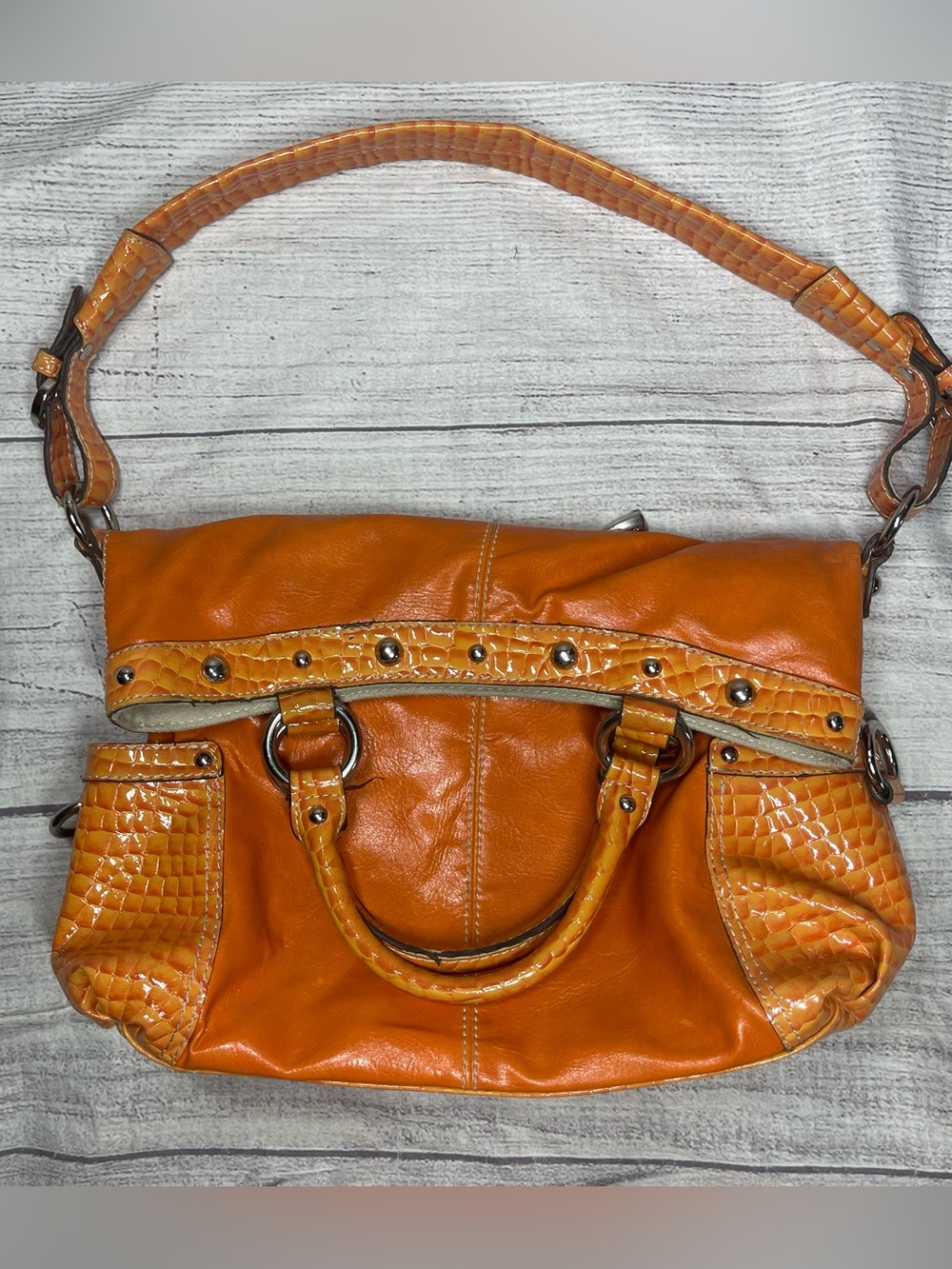 Kathy Van Zeeland Faux Leather Y2K Bright Orange Two Handle Shoulder Bag